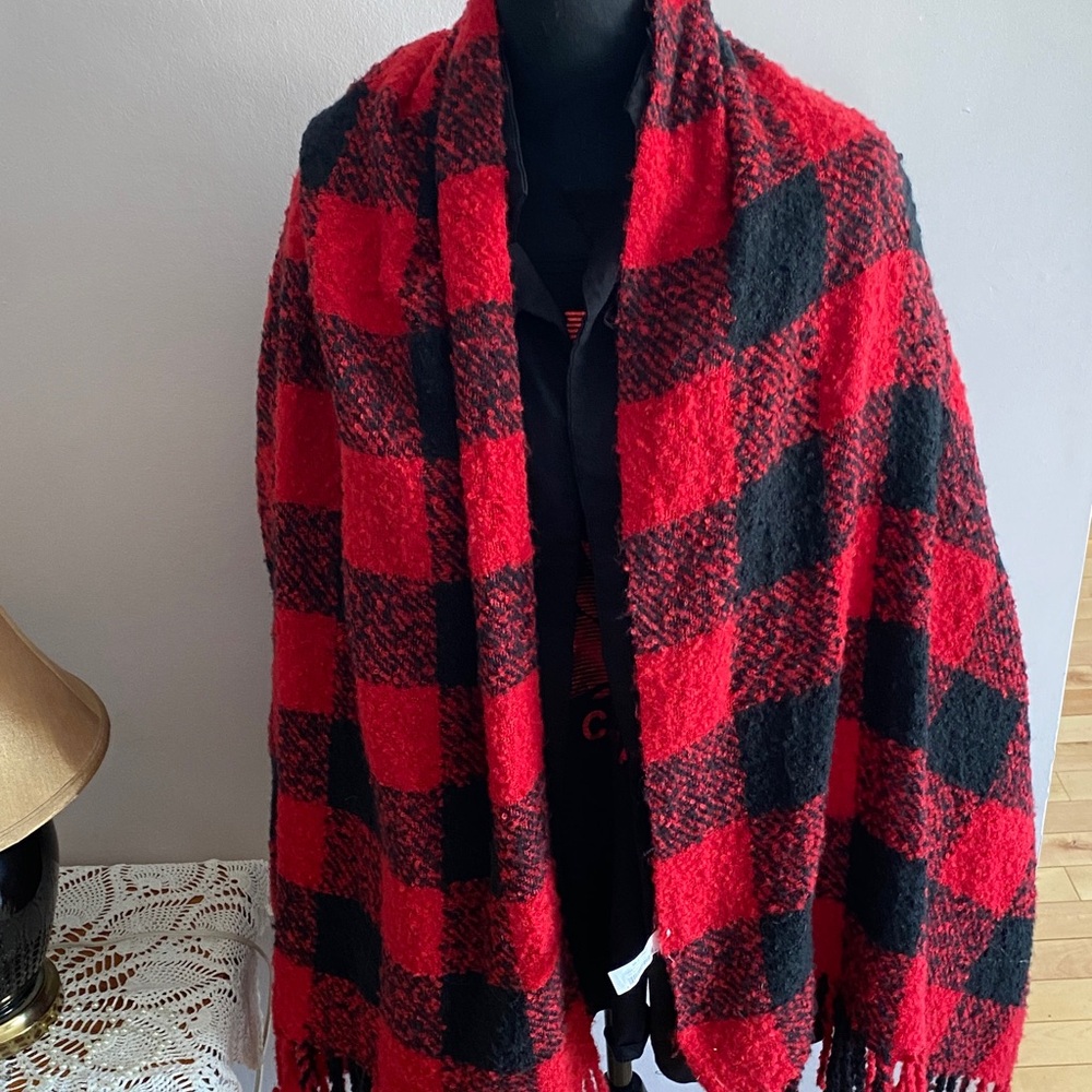 Red & Black Buffalo Plaid Fringe Shawl